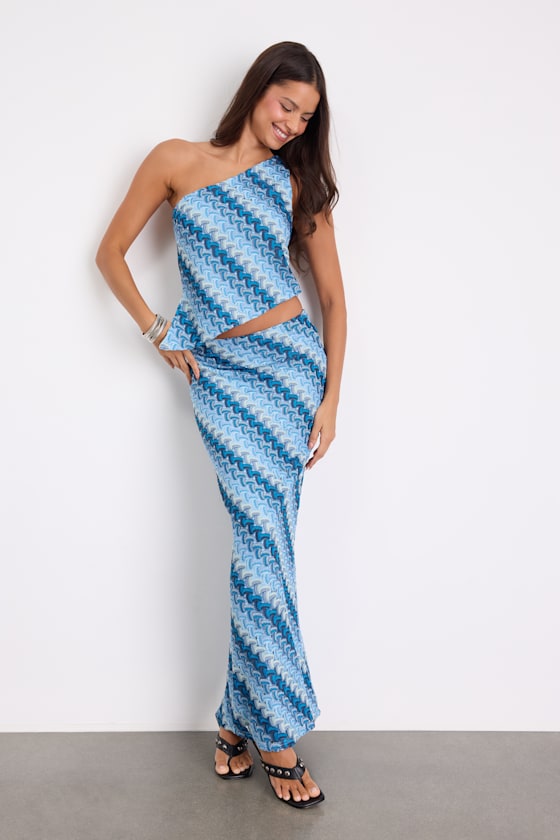 Lulu's Fiala Blue Multi Crochet Chevron Mermaid Maxi Skirt