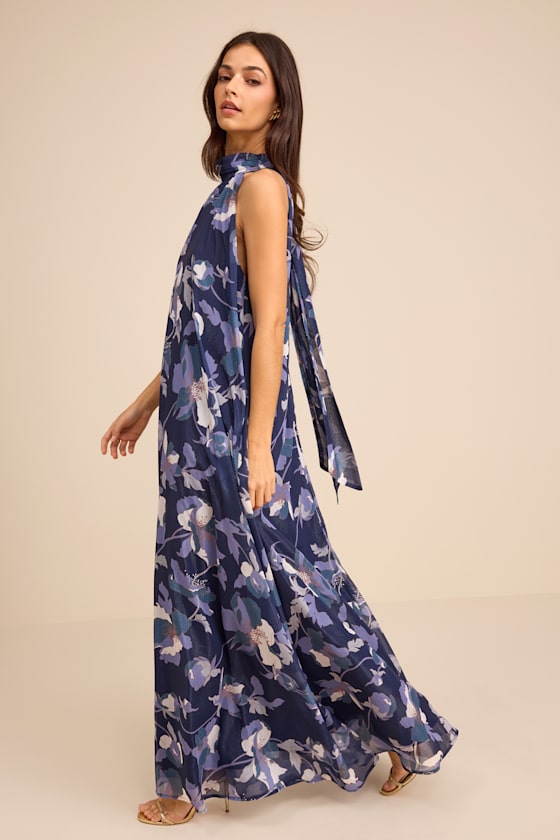 Navy Floral Halter Shift Maxi Dress | Womens | X-Small (Available in S, M) | 100% Polyester | Lulus