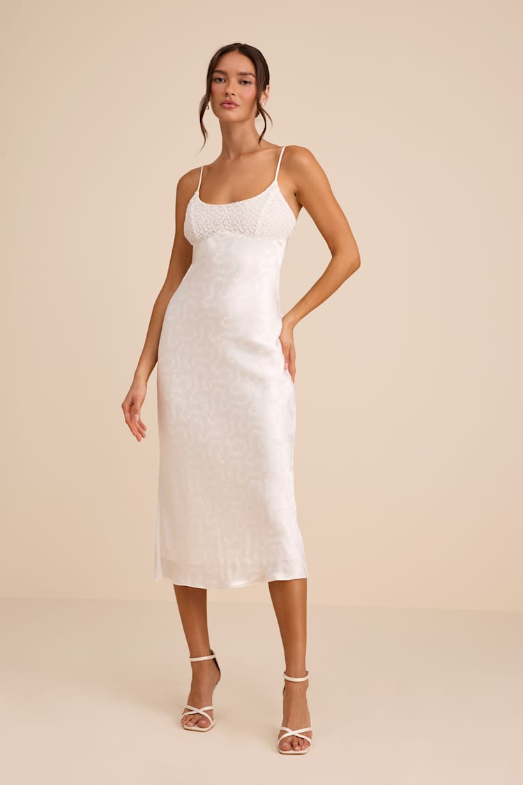 White Satin Slip Dress - Lace Bodice Midi Dress - White Dress - Lulus