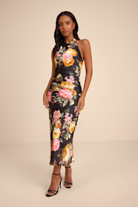 Alandra Black Multi Floral Satin Halter Midi Dress 1