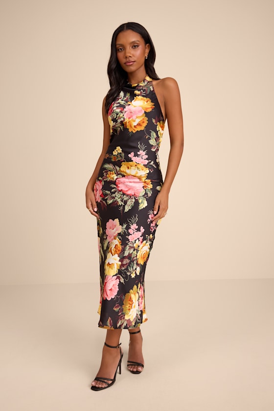 Alandra Black Multi Floral Satin Halter Midi Dress 1