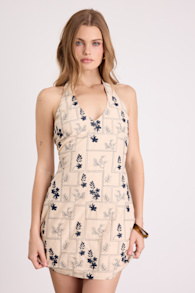 Melosia Beige Embroidered Halter Mini Dress 1