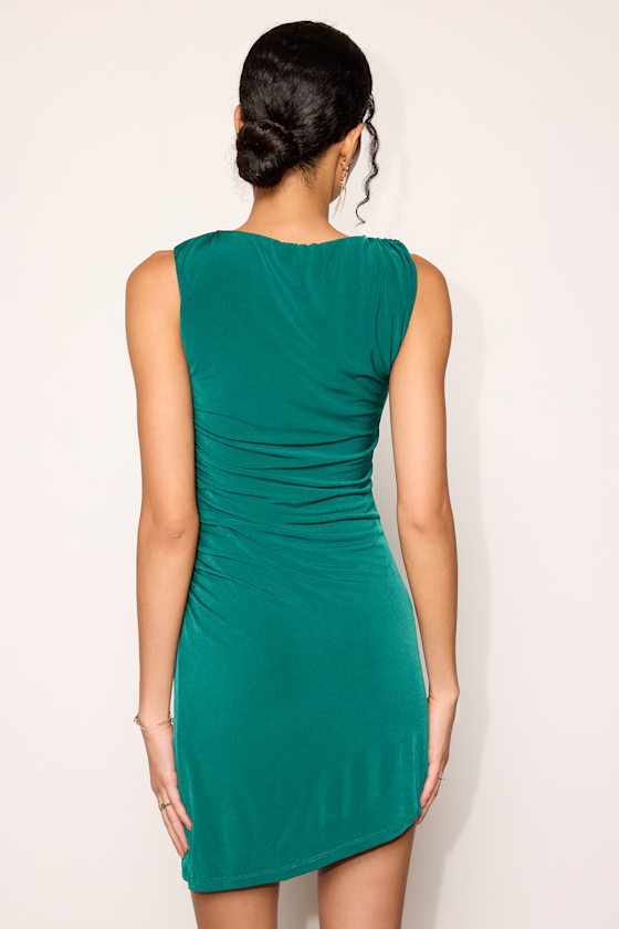 Danica Emerald Slinky Knit Asymmetrical Ruched Mini Dress 4
