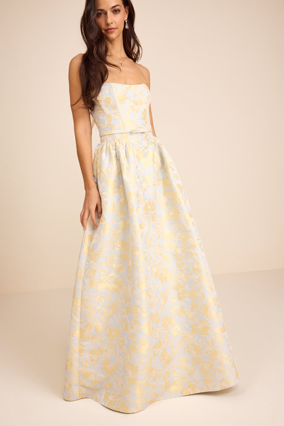 Image of Bradshaw Light Blue and Yellow Floral Jacquard Maxi Dress