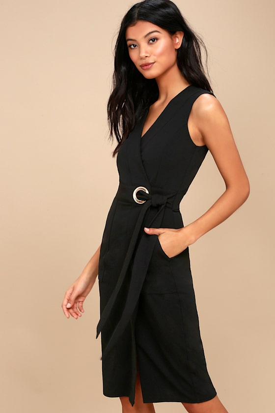 Chic Black Dress Midi Dress Wrap Dress Grommet Dress Lulus