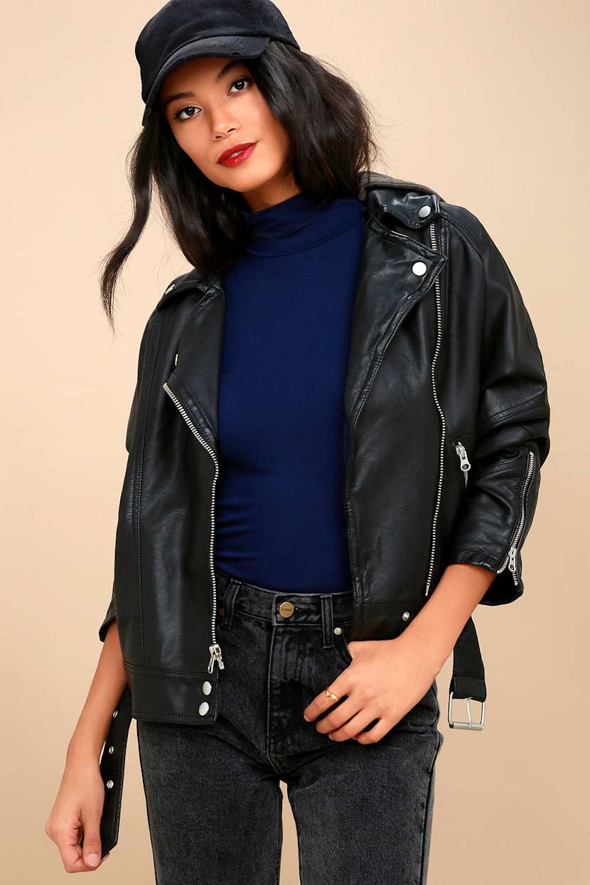 Free People Drapey Jacket Vegan Moto Jacket Black Jacket Lulus