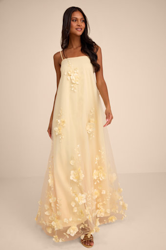 Allie Light Yellow Floral Applique Shift Maxi Dress 1