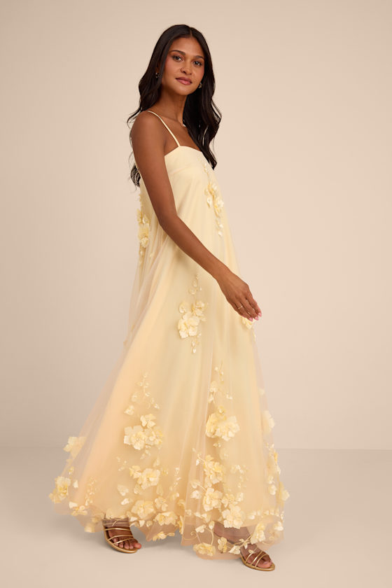 Allie Light Yellow Floral Applique Shift Maxi Dress - thumbnail 4