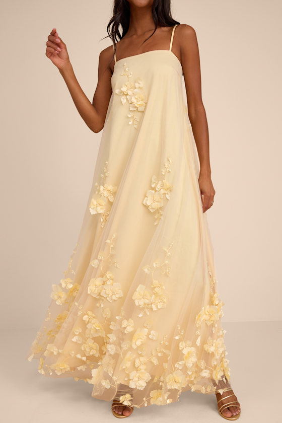 Allie Light Yellow Floral Applique Shift Maxi Dress - thumbnail 5