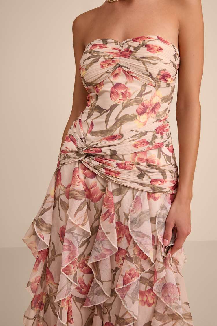 lulus cream floral dress Lulus | Cream Multi Floral Ruffled Maxi Dress | Womens | X-Small (Available in XXS, S, M, L, XL)