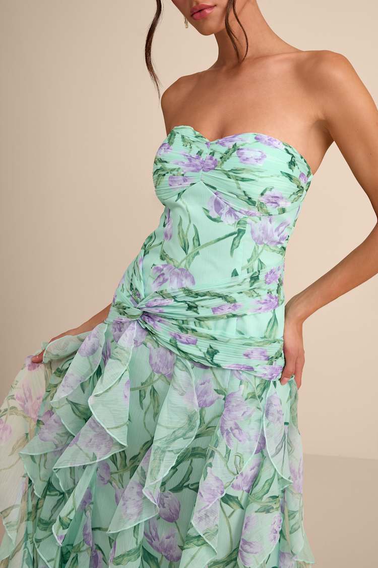 Mint Floral Maxi Dress - Ruffled Maxi Dress - Strapless Dress - Lulus