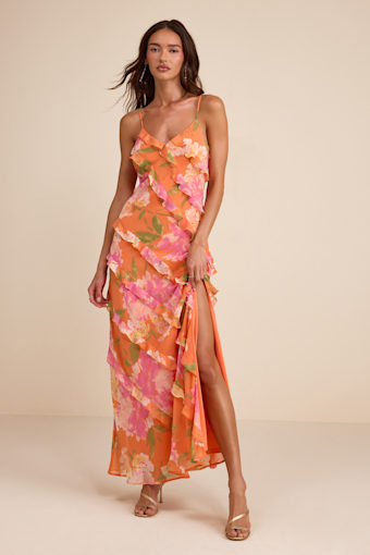 Zarina Orange Multi Floral Ruffled Maxi Dress 1