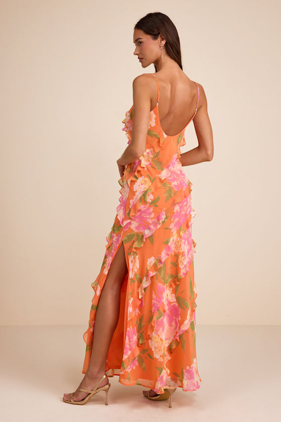 Orange Multi Floral Dress - Ruffled Maxi Dress - Chiffon Dress - Lulus