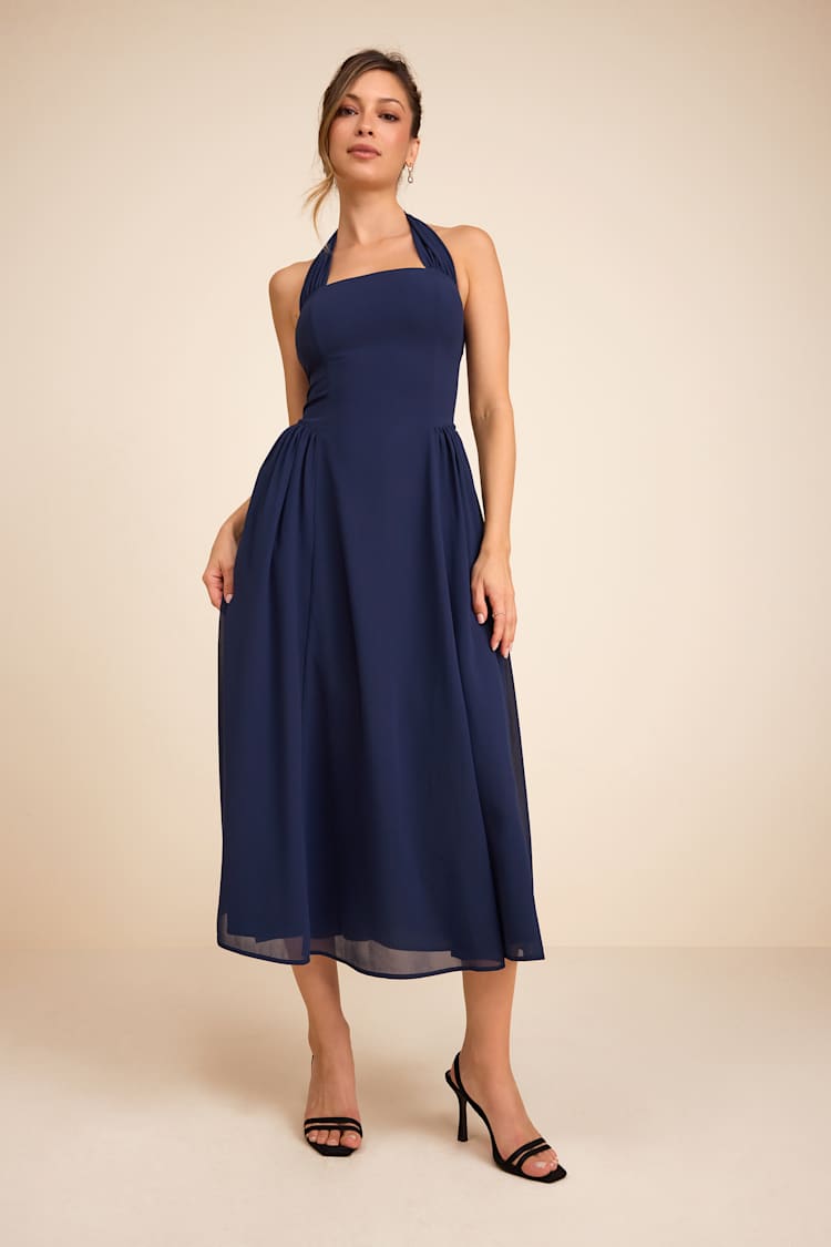 sachin and babi light blue dress Navy Blue Midi Dress - Halter Neck Dress - Fit-and-Flare Dress