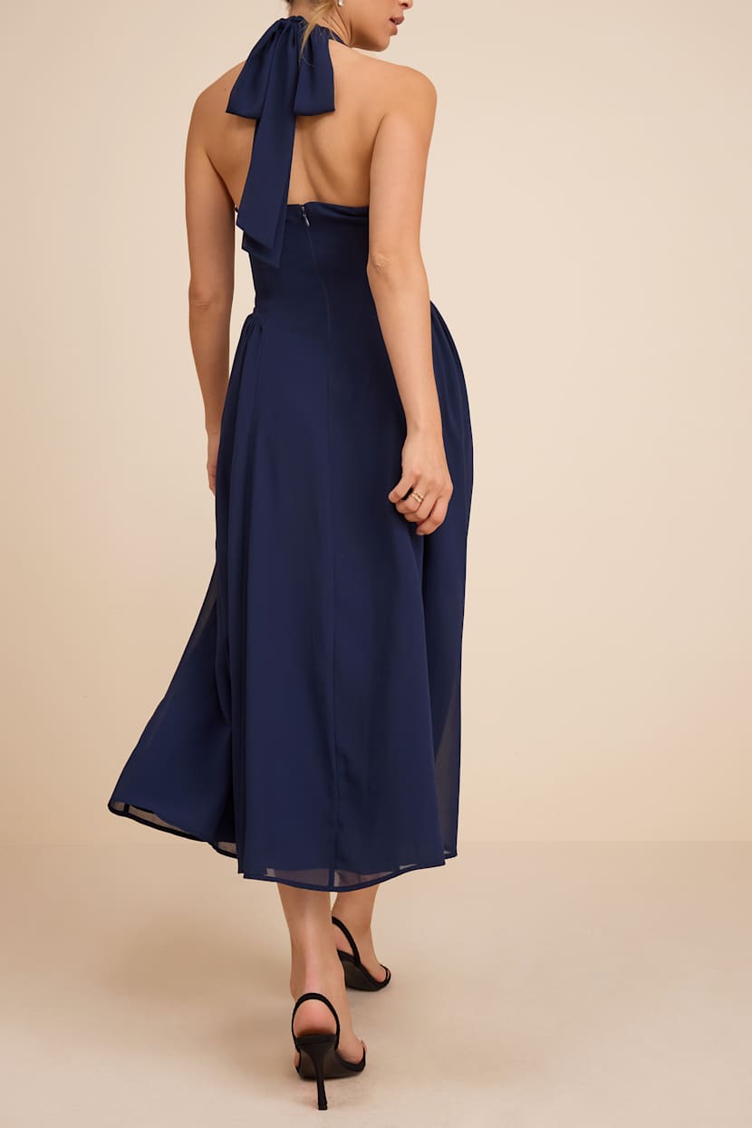 Navy Blue Halter Midi Dress | Womens | X-Small (Available in S, M, L) | 100% Polyester | Lulus