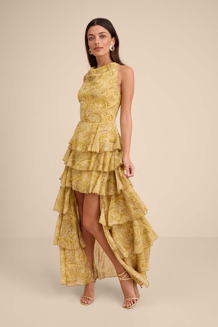 Yellow Paisley Tiered High-Low Maxi Dress | Womens | Large (Available in XS, S, XL) | 100% Polyester | Lulus