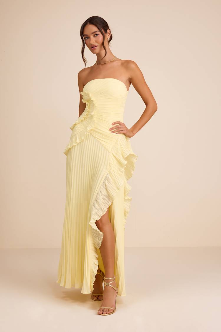 white formal dress with bow Strapless Yellow Lace Layered Prom Dresses, Yellow Lace Layered Long F main image 1