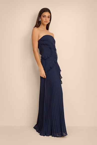 lulus formal dress Seren Tiered Women's Maxi Dress, Navy, Extra Small in waist sits atop a flowy A Rose Satin Dress - Pleated