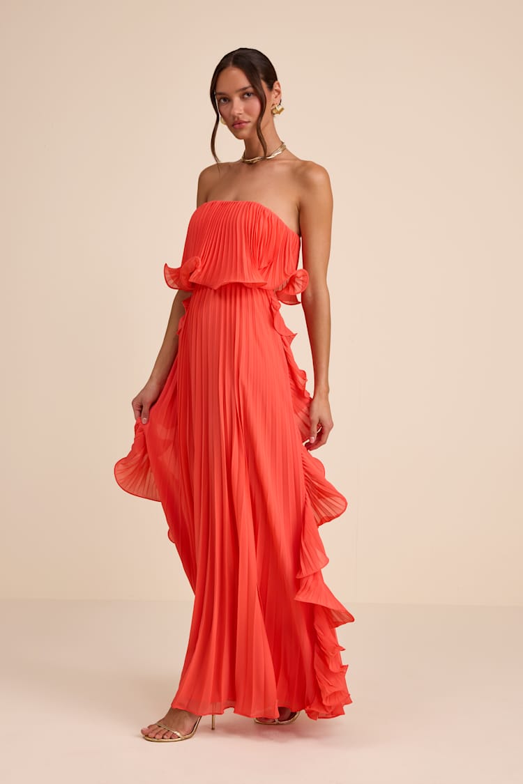 bright orange frill detail pleated skater dress Haley J. Orange Pleated Mini Dress Cathy 4
