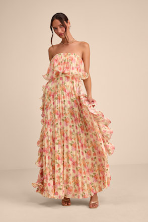 Light Yellow Floral Dress - Pleated Maxi Dress - Ruffled Dress - Lulus Light Yellow Floral Dress - Pleated Maxi Dress - Ruffled Dress - Lulus