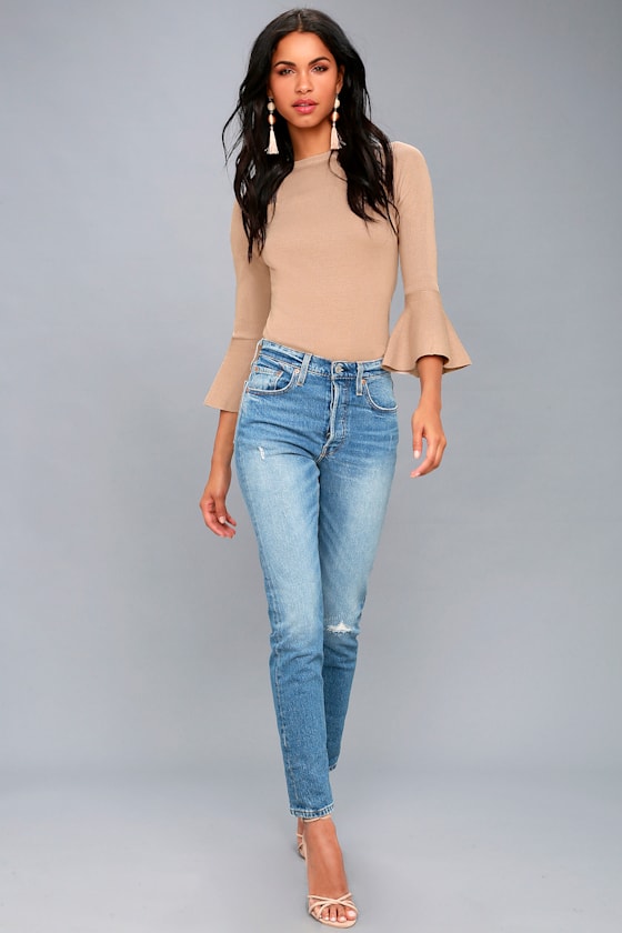 On My Level Taupe Flounce Sleeve Sweater Top 4