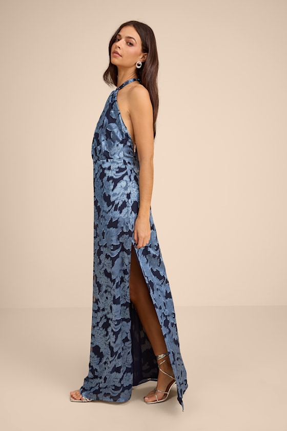 Indra Navy Floral Burnout Backless Maxi Dress - thumbnail 4