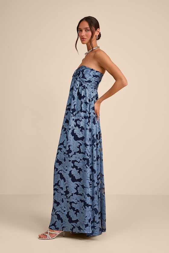 Danalia Navy Floral Burnout Strapless Maxi Dress - thumbnail 4