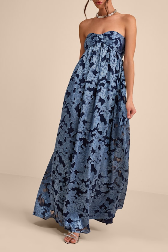 Danalia Navy Floral Burnout Strapless Maxi Dress - thumbnail 5