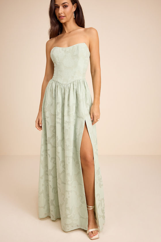Image of Kalila Sage Floral Burnout Strapless Maxi Dress