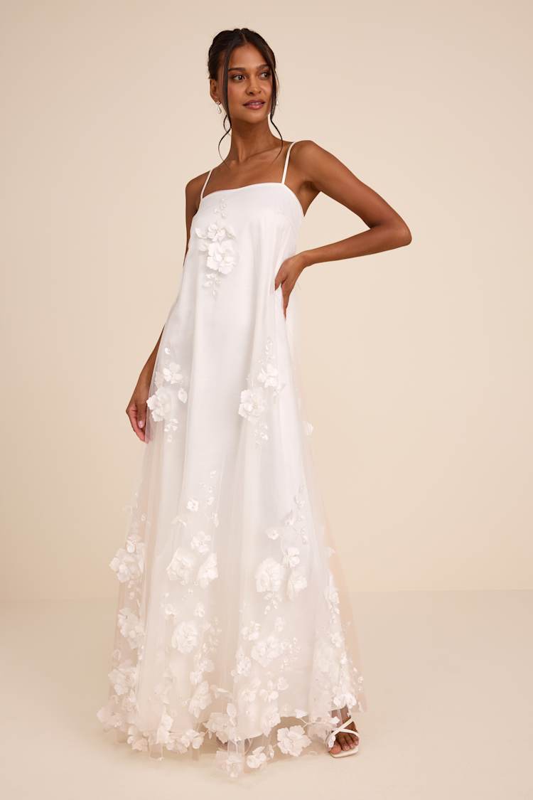 White Maxi Dress - Floral Applique Maxi Dress - Shift Bridal Gown - Lulus