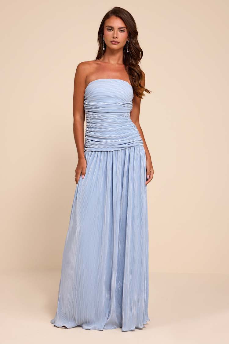 Lulus | Light Blue Plisse Drop Waist Maxi Dress | Womens | Small (Available in XS, M, L, XL)