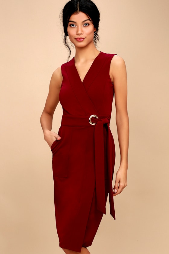 Office Aesthetic Wine Red Midi Wrap Dress 1