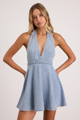 Neese Light Wash Polka Dot Denim Mini Dress 2