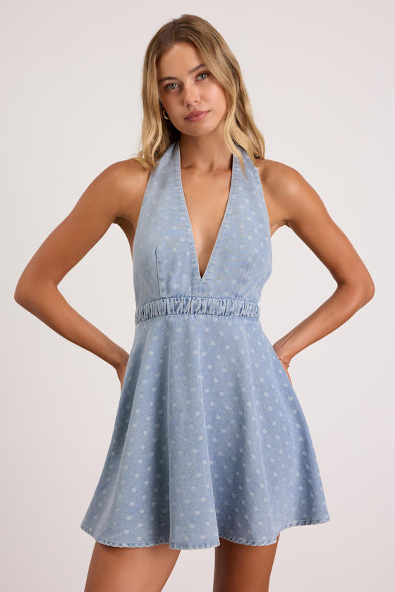 Neese Light Wash Polka Dot Denim Mini Dress 2