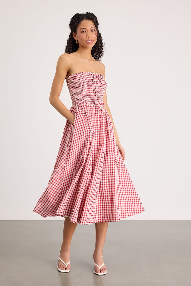fit & flare lightweight smocked gingham midi dress Red Gingham Smocked Shoulder Tie Maternity Midi Dress