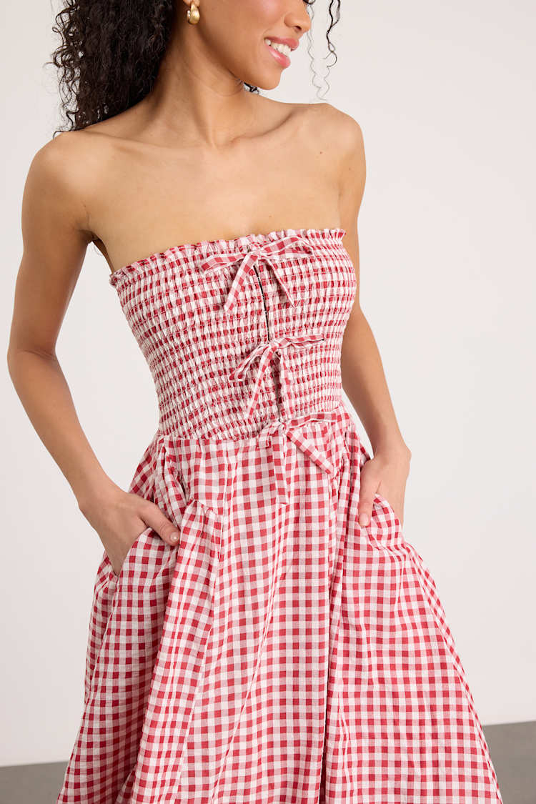 Red Gingham Midi Dress - Smocked Midi Dress - Gingham Dress - Lulus