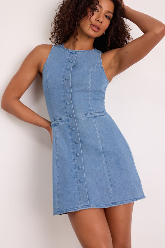 Mabyn Medium Wash Denim Button-Front Mini Dress - thumbnail 5