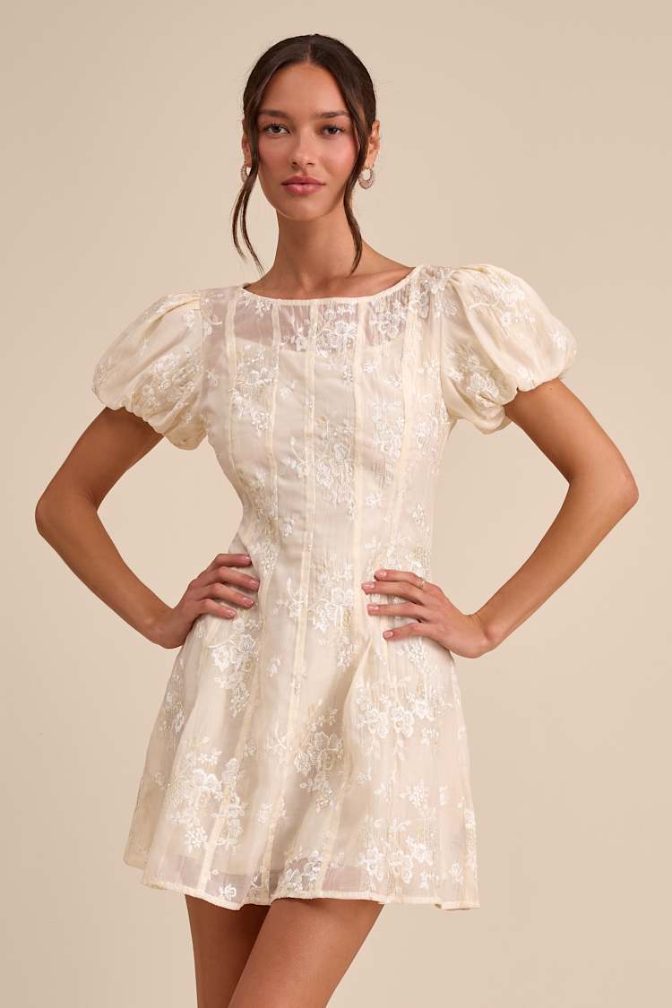 elfrieda cream floral embroidered puff sleeve midi dress Elfrieda Cream Embroidered Puff Sleeve Mini Dress