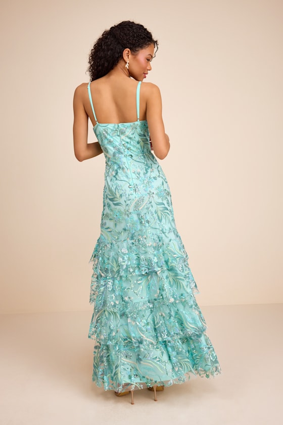 Angele Mint Blue Sequin Embroidered Tiered Maxi Dress - thumbnail 3