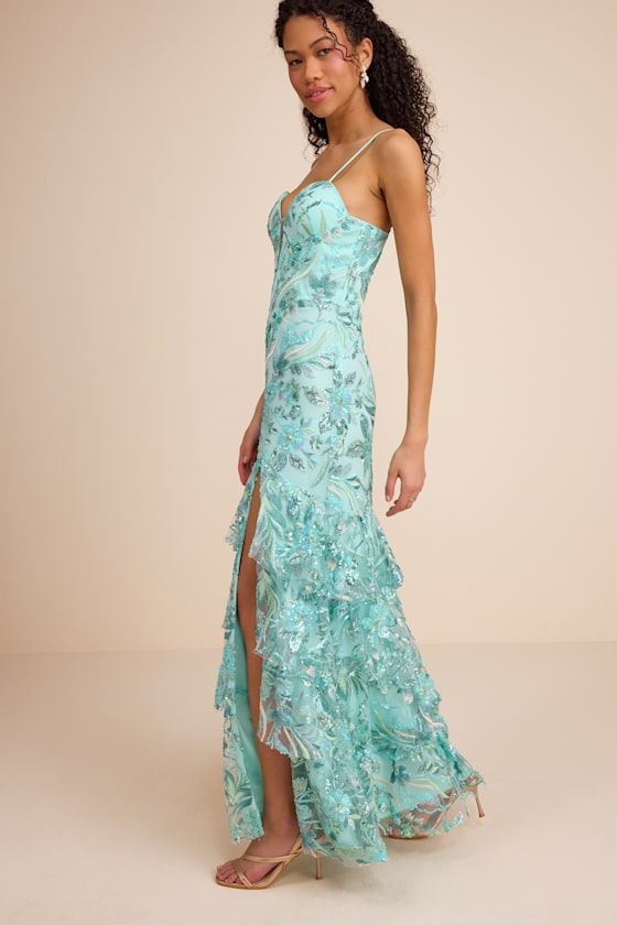 Angele Mint Blue Sequin Embroidered Tiered Maxi Dress - thumbnail 4