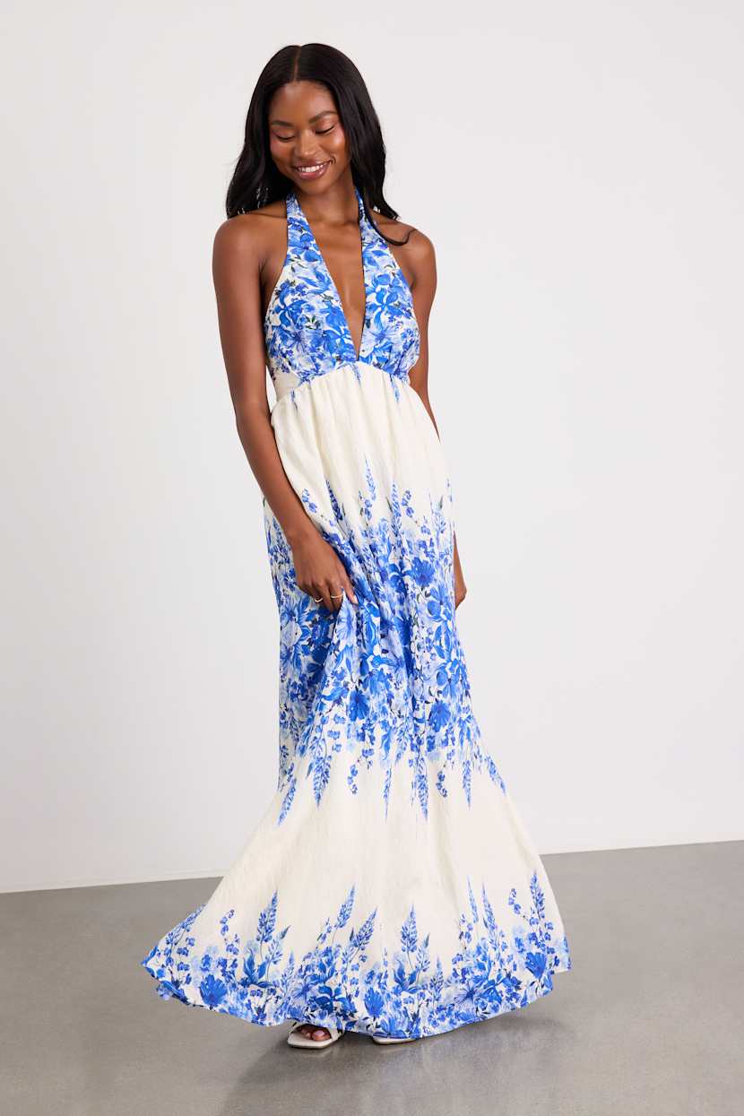 blue ivory dress Mermaid Strapless White Blue Floral Chiffon Prom Dress VK25122902 –  Anniebride