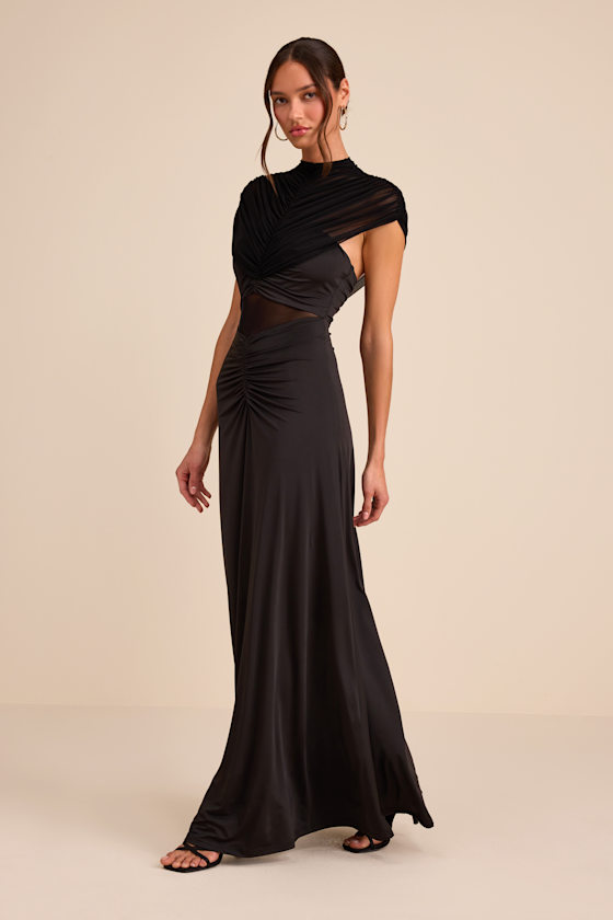Murielle Black Mesh Ruched Maxi Dress - thumbnail 4