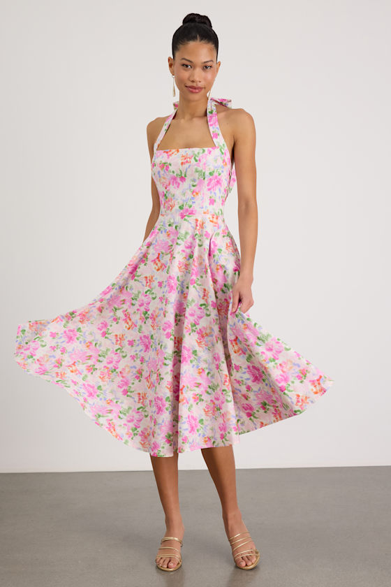 Amasha Ivory Multi Floral Halter Midi Dress 1