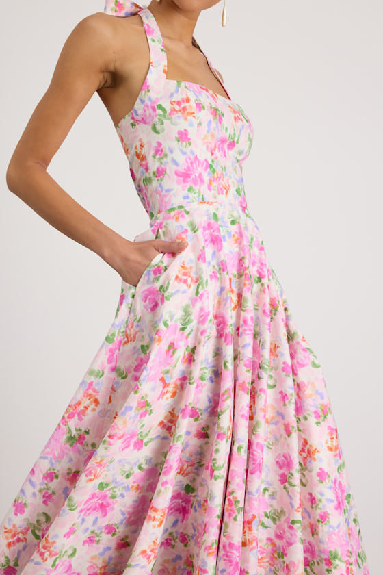 Amasha Ivory Multi Floral Halter Midi Dress 2