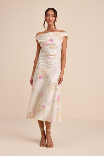Elyse Ivory Floral Jacquard Satin Midi Dress 1