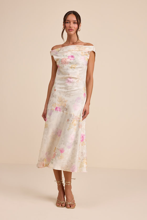 Elyse Ivory Floral Jacquard Satin Midi Dress 1