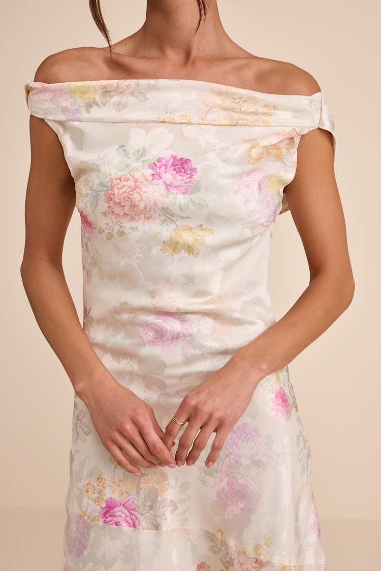 Ivory Floral Midi Dress - Jacquard Midi Dress - Cowl Back Dress - Lulus