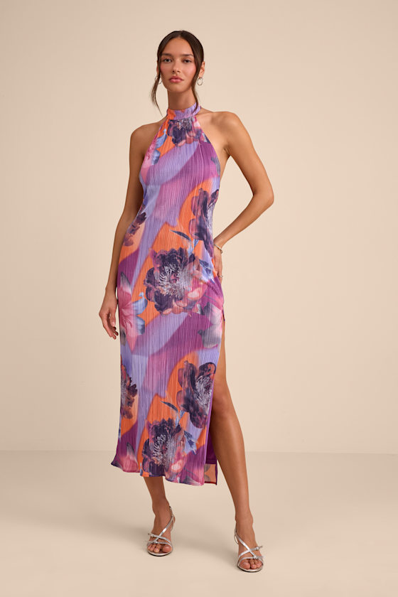Image of Luala Purple Multi Print Plisse Backless Maxi Dress