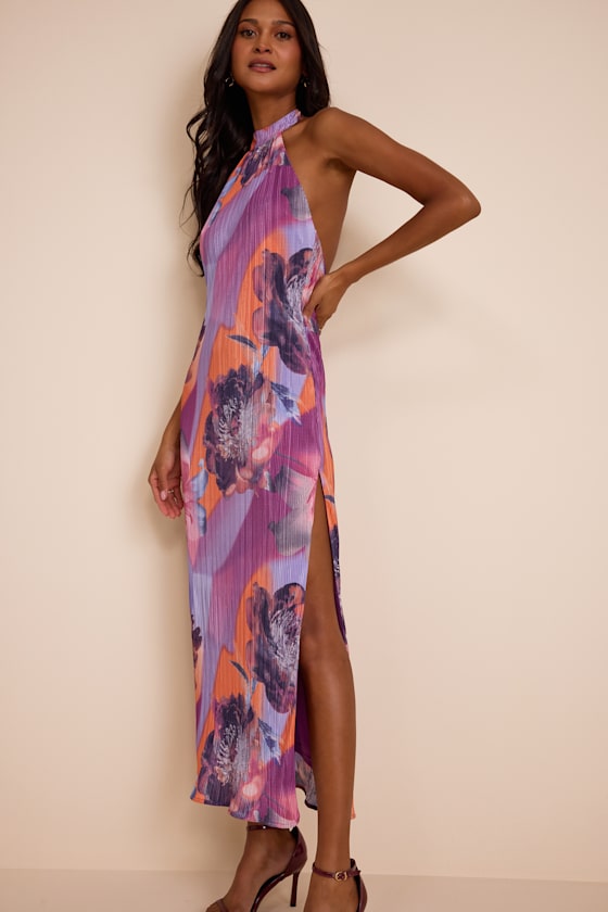 Luala Purple Multi Print Plisse Backless Maxi Dress 1