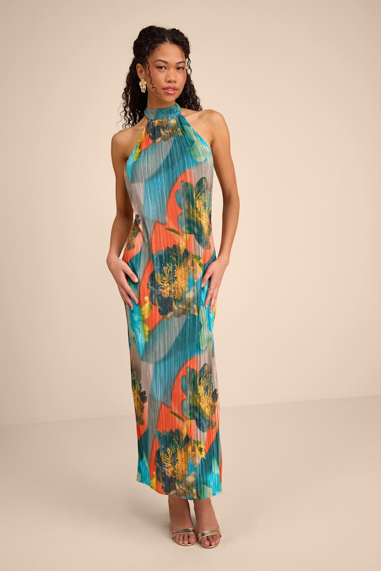 Lulus | Turquoise Multi Print Plisse Backless Maxi Dress | Womens | X-Small (Available in L, XL)